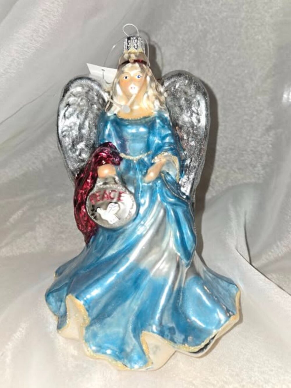 NEW Glass Angel Ornament Hand Blown Holding Small Shield Inscribed PEACE Poland